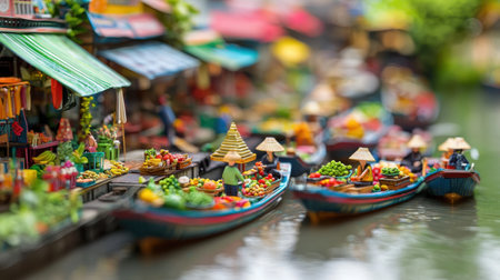 A vibrant floating market scene showcases colorful boats filled with fresh produce, highlighting the essence of local trade and community life along the river.の素材