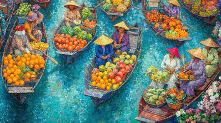 Experience the lively atmosphere of a floating market, where vendors sell vibrant fruits and flowers from colorful boats. A celebration of culture and community.の素材