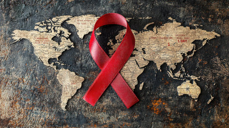 A striking image of a red ribbon on a textured world map, symbolizing commitment to awareness and support for global health initiatives and causes.の素材