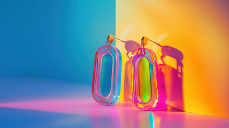 Brightly lit geometric earrings showcase vivid colors and playful shadows against a modern backdrop, ideal for fashion and accessories photography.の素材