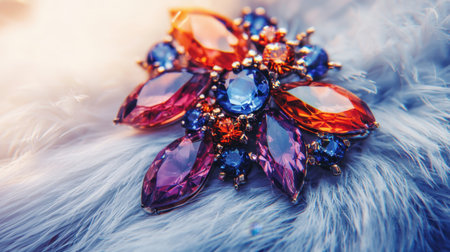This image showcases an elegant vintage brooch featuring colorful gems, placed on a soft fur background, highlighting its intricate design and beauty.の素材