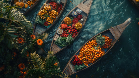 A vibrant aerial view of a floating market with wooden boats filled with fresh, colorful fruits. This lively scene showcases the beauty of local commerce and tropical abundance.の素材