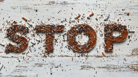 A creative display of cigarette waste forming the word "STOP." This artwork symbolizes the need for awareness around smoking hazards and environmental impact.の素材