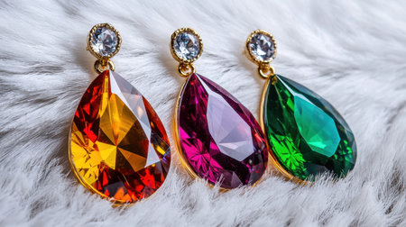Stunning gemstone earrings featuring a mix of vibrant hues, set against a soft fur background. Perfect for highlighting fashion accessory designs.の素材