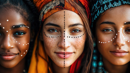 This vibrant close-up portrait showcases three women with cultural face art, reflecting diverse beauty and unity. Their expressions convey strength and heritage.の素材