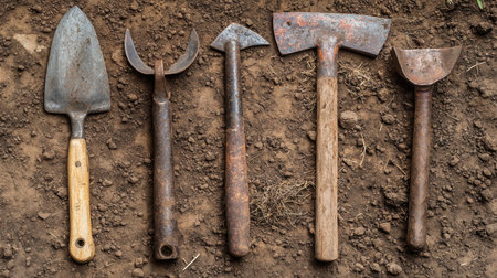 A close-up view of five essential gardening tools arranged on rich soil, perfect for preparing and cultivating your garden. Ideal for enthusiasts and professionals alike.の素材