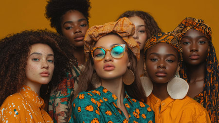 This vibrant portrait captures a diverse group of women showcasing unique styles and accessories. The warm background highlights their individual beauty and confidence.の素材