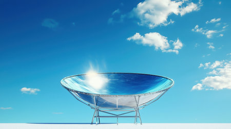 A solar collector design captures sunlight for energy conversion, showcasing innovative technology with a modern aesthetic against a bright blue sky.の素材