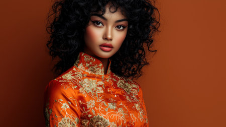 This captivating portrait features a young woman in a stunning traditional outfit against a warm background, showcasing her elegance and unique beauty.の素材