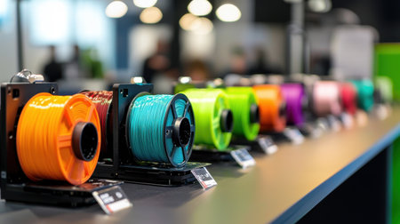 A modern display showcasing a variety of colorful 3D printing filaments organized in spools. The vibrant colors highlight the diversity of materials available for creative projects.の素材