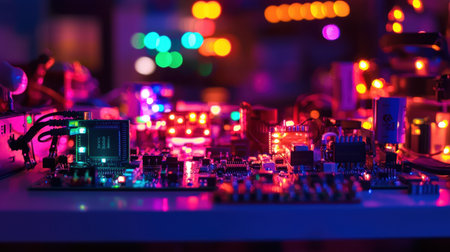 A vivid close-up of a circuit board adorned with glowing LEDs, showcasing the intricate details of electronics in a dark environment. Perfect for tech themes.の素材