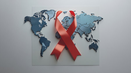 This image portrays a red ribbon symbolizing awareness against HIV and AIDS, set against a world map backdrop. It emphasizes global health and prevention efforts.の素材
