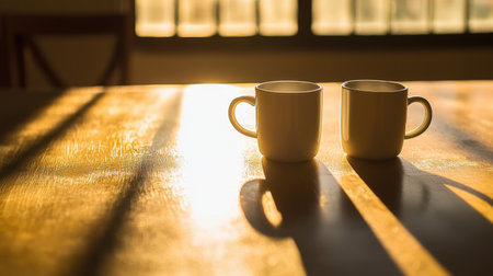 Two ceramic coffee cups sit elegantly on a wooden table, bathed in warm morning light. The soft shadows create a tranquil scene, inviting relaxation and connection.の素材