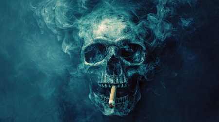 Dark and dramatic skull with a cigarette creates an eerie atmosphere, surrounded by swirling smoke, evoking themes of mortality and rebellion in an artistic expression.の素材