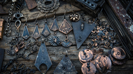 Explore a stunning array of unique metal jewelry pieces arranged artfully on a rustic wooden table, showcasing intricate designs and craftsmanship.の素材
