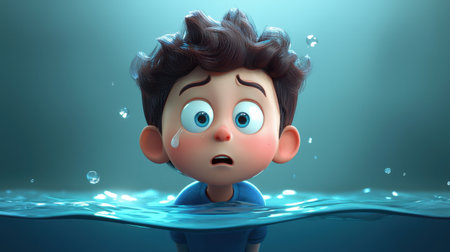 A young boy with a sorrowful expression floats softly in water, tears streaming down his face. The serene blue backdrop enhances the emotional depth of this captivating animated moment.の素材