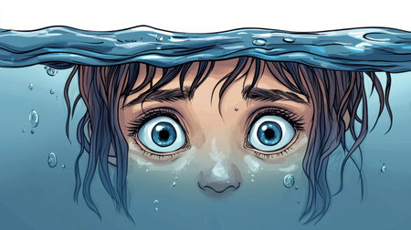 A mesmerizing illustration showing a girl's wide eyes peeking through the water's surface, capturing a blend of emotion and tranquility.の素材