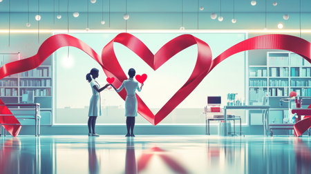 Two nurses share a moment of joy and compassion in a hospital setting, surrounded by decorative hearts and ribbons, symbolizing love in healthcare environments.の素材