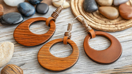 Beautiful boho earrings featuring a blend of wooden and leather materials. Perfect accessory for any outfit, showcasing unique craftsmanship and charm.の素材