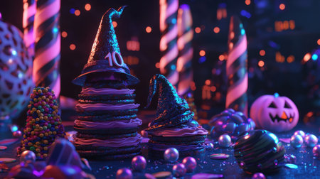 Celebrate Halloween with these colorful treats featuring whimsical witch hats, cake layers, and festive decorations in an enchanting atmosphere.の素材
