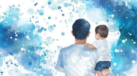 A touching watercolor illustration of a father holding his child, set against a vibrant splash of blue hues, celebrating the beauty of family bonds and moments.の素材