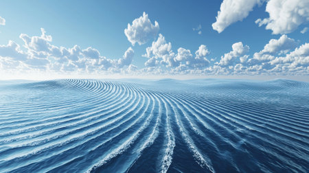 A beautiful scene of calm ocean waves glistening under a vibrant blue sky filled with fluffy white clouds. This tranquil landscape invites a sense of peace and relaxation.の素材