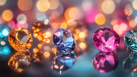 A stunning collection of colorful gemstones showcasing vibrant hues and brilliant sparkle, set against a dreamy, softly blurred background that enhances their beauty.の素材