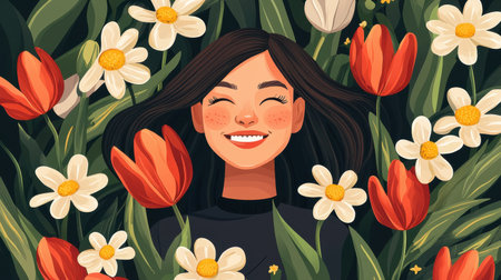 A joyful young woman smiles brightly among a vibrant array of flowers, showcasing the beauty of nature and the warmth of spring in a colorful setting.の素材