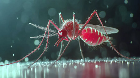 Intricate close-up of a mosquito showcasing its anatomy and striking color in a bokeh background. Ideal for studies in biology and entomology.の素材