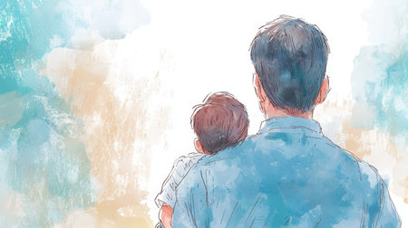 A heartwarming illustration of a father holding his child, conveying deep love and connection. The back view symbolizes support and nurturing in family relationships.の素材