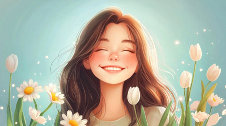 A cheerful young woman smiles brightly while surrounded by beautiful flowers, embodying the joy of nature. The scene radiates warmth and positivity.の素材