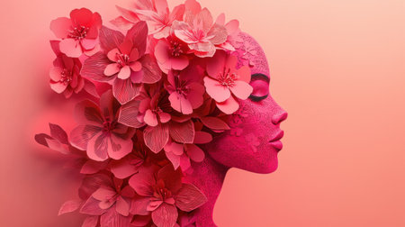 This captivating portrait features a profile view of a woman's face adorned with vibrant paper flowers, showcasing a unique blend of artistry and nature.の素材