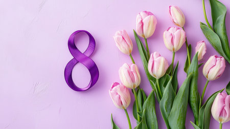 Beautiful arrangement of pink tulips with a purple ribbon and number eight on a light pink background, ideal for celebrations and special occasions.の素材