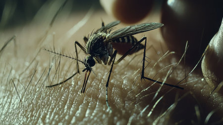 Intricate macro shot of a mosquito biting human skin, showcasing its fine details and textures. Perfect for nature and health-related themes.の素材