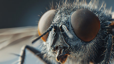A stunning close-up portrait of a fly, highlighting its detailed anatomy and compound eyes. This macro photograph captures the intricate textures and features of this small insect in a natural environment.の素材