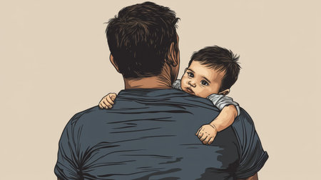 A heartwarming scene depicts a father holding his baby close, showcasing their bond and the joy of parenthood. The image captures love, tenderness, and warmth.の素材