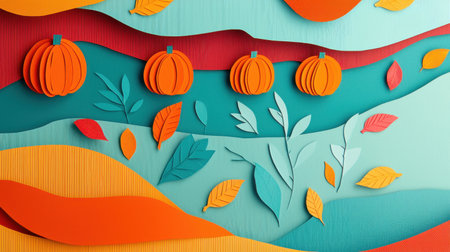 A vibrant paper art design featuring colorful autumn leaves and pumpkins, perfect for seasonal decor or graphic projects, capturing the essence of fall.の素材