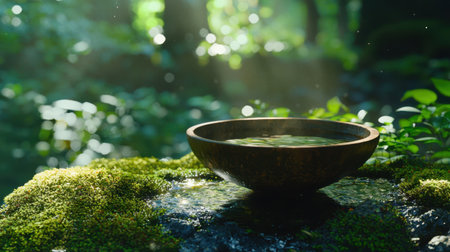 Close-up of forest floor with bowl of water near moss rock, serene and calming ambiance.の素材