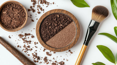 Beauty product photo: eyeshadow palette with mirror and brush on white isolated setting.の素材