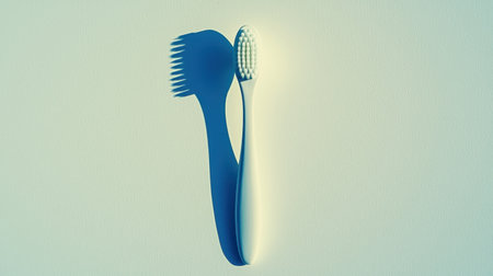 Bird-eye view of minimalist toothbrush holder on clean white background with leading lines and copy space.の素材