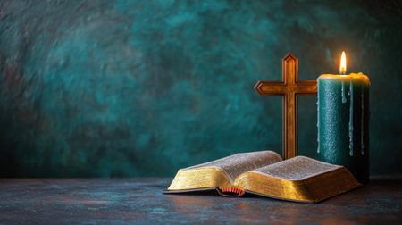 Christian still life with Bible, cross, and candle framed around empty center for text or print.の素材