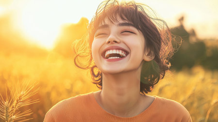 Cheerful young girl laughing in wheat field with warm sunset tones and countryside charm.の素材