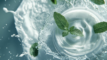 Clean beauty concept with cream jar, splash effect, and mint leaves on minimal soft background.の素材