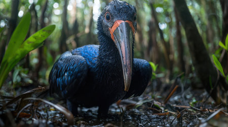 Close-up of Balaeniceps Rex in swamp habitat, showcasing its powerful beak and piercing gaze.の素材