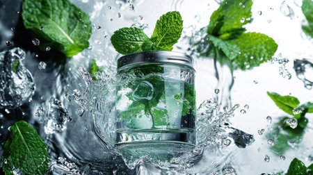 Cream jar surrounded by water splashes and mint leaves, refreshing beauty in elegant ambiance.の素材