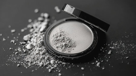 Compact powder and loose mineral powder in low light scene, elegant beauty product setup.の素材
