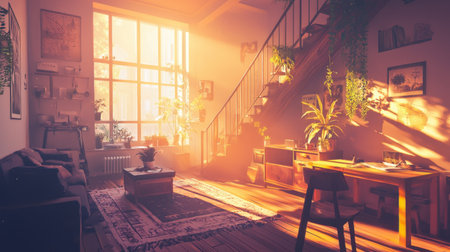 Cozy living room with ambient bokeh lights, modern staircase, and lush vertical garden.の素材