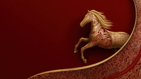 This stunning image features a golden horse in motion, beautifully designed with intricate patterns against a rich red backdrop, symbolizing celebration and elegance.の素材