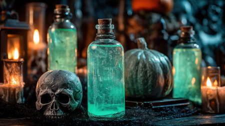 A captivating Halloween-themed scene featuring vintage bottles filled with glowing green potions, a skull, a pumpkin, and flickering candles. Perfect for setting a spooky atmosphere.の素材