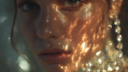 A striking close-up portrait featuring a woman illuminated by mesmerizing light reflections, creating a soft and ethereal atmosphere that captivates.の素材